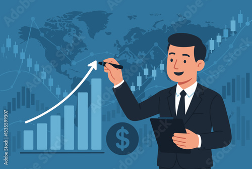 Businessman analyzing stock market growth. Financial investment concept with bar chart, candlestick graph and world map. Global economy, success, profit and trading vector concept.