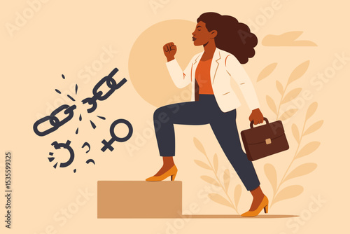 Empowered Black businesswoman breaking chains. Concept of feminism, women's rights, gender equality and career growth. Female leader climbing ladder of success. Freedom and liberation vector.
