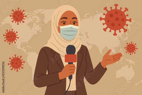 Muslim news reporter in hijab and medical face mask reporting on the global coronavirus pandemic. Female journalist covering the Covid-19 outbreak. World health crisis concept.