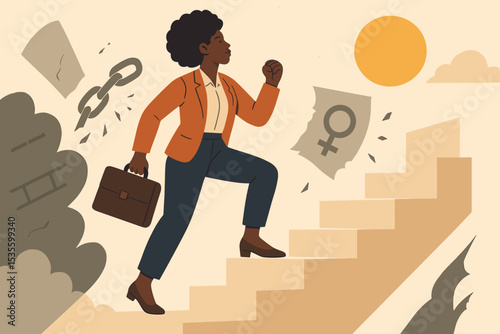 Concept of female empowerment and career growth. Black businesswoman climbing stairs, breaking chains and gender stereotypes. Metaphor for success, ambition, freedom, and leadership.