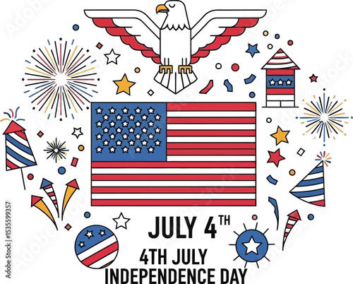 Illustration of july fourth independence day with american flag eagle and fireworks design elements