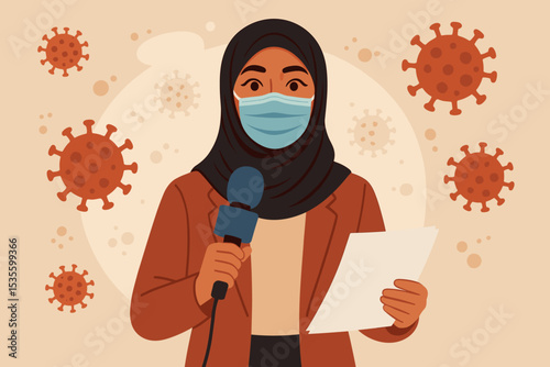 Muslim news reporter woman in hijab and face mask reporting on coronavirus. Live broadcast journalism during covid-19 pandemic. Health crisis update with floating virus cells.