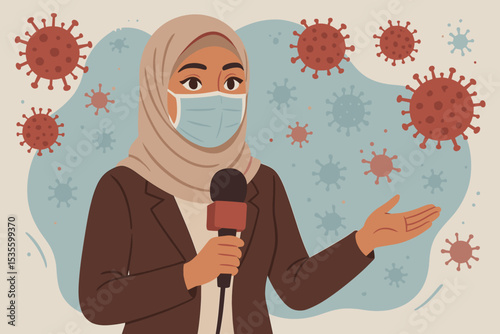 Muslim news reporter woman in hijab and face mask reporting on coronavirus pandemic. Journalist with microphone covers covid-19 outbreak. Public health news broadcast concept.