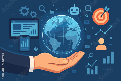 Businessman hand holding a globe with digital icons. Global business technology concept. Network, data analysis, AI, marketing strategy, internet connection, and worldwide management.
