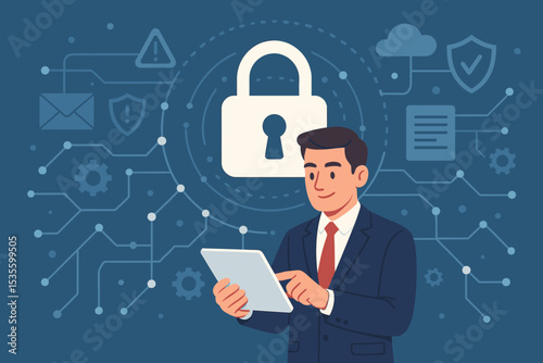Businessman managing network security on a tablet. Cybersecurity and data protection concept. Flat vector illustration with padlock, cloud, and digital icons for internet safety.