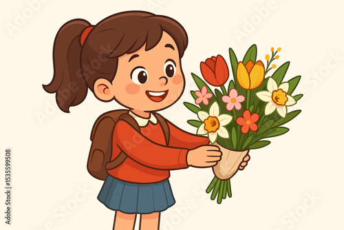 Happy schoolgirl with a backpack gives a bouquet of flowers. Cute student character holding a floral gift for Teacher's Day or Mother's Day. Cartoon vector illustration.