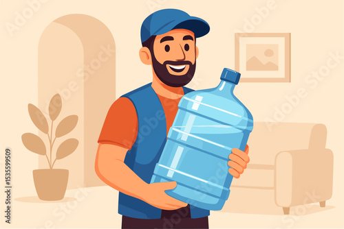 Water delivery service man carrying a big bottle of purified water. Friendly courier in uniform delivering a plastic jug to a customer's home. Concept of supply, service, and hydration.
