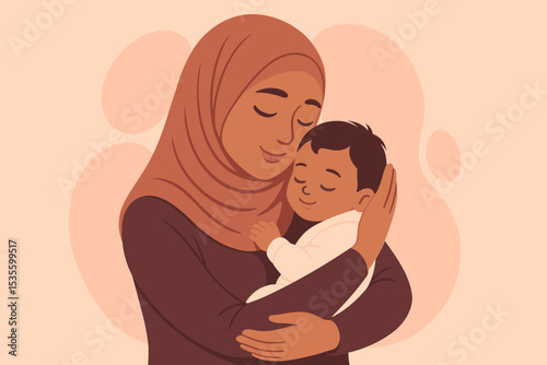 Muslim mother in a hijab lovingly holding her newborn baby son. Tender embrace and happy moment. Mother's Day concept. Islamic family care, love, and parenthood vector illustration.