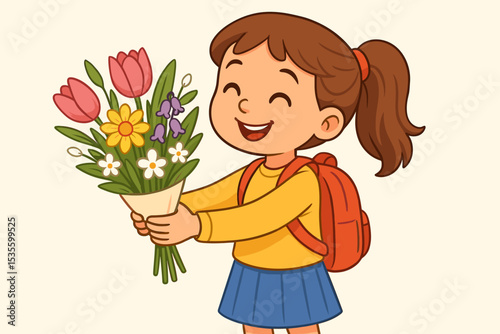 Happy schoolgirl with a backpack giving a beautiful bouquet of flowers. Cute cartoon child character smiling. Concept for Mother's Day, Teacher's Day, birthday gift. Vector.