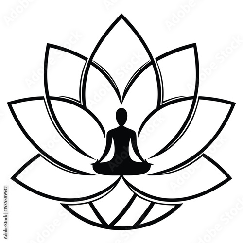 Black and White Silhouette of Person Meditating Inside a Lotus Flower Design meditation