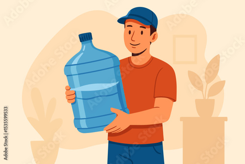 Water delivery service concept. Young courier man holding a large bottle of pure water. Friendly character delivering gallon jug to home. Drinking water supply and shipping. Flat vector illustration.