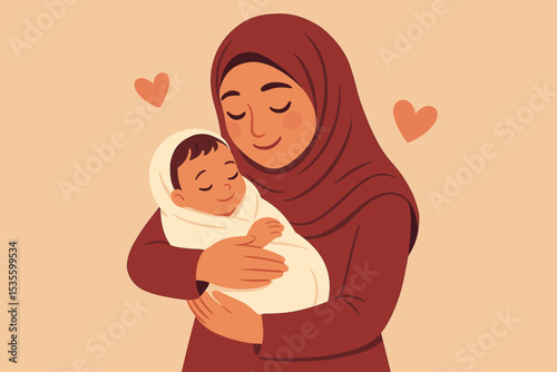 Muslim mother in hijab holding her newborn baby in a loving embrace. Islamic family concept of maternity and tender care. Vector illustration for Mother's Day. Parenthood love.