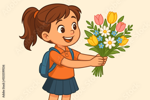 Cute cartoon girl student with a backpack giving a beautiful bouquet of flowers. Happy smiling child offering a floral gift for Mother's Day or Teacher's Day celebration. Vector.