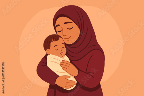 Muslim mother in a hijab lovingly holds her newborn baby. Tender embrace showing maternal care and unconditional love. Islamic family and motherhood concept vector illustration.