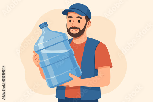 Water delivery service man character illustration. Courier holding a large plastic bottle or gallon jug of pure water. Concept of home and office supply, logistics, volunteer work.