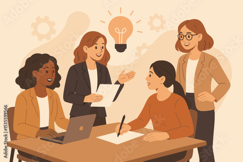 Businesswomen working together on project. Diverse female team in a meeting, brainstorming new ideas. Concept of collaboration, teamwork, startup, innovation, and empowerment.