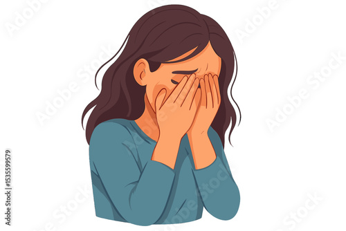Sad woman crying, covering face with hands. Depression, sorrow, grief, mental health issue, loneliness, stress, anxiety, despair concept. Unhappy person feeling emotional pain.