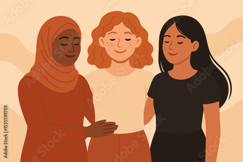 Diverse women friendship and sisterhood concept. Multiethnic group of friends in unity. Muslim woman in hijab, caucasian redhead, and asian girl together. Female solidarity vector.