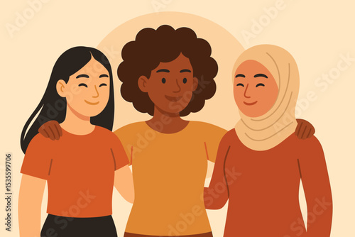 Illustration of diverse women friends embracing. Sisterhood, solidarity, and empowerment concept. Multicultural community with Asian, Black, and Muslim characters. Unity in diversity.