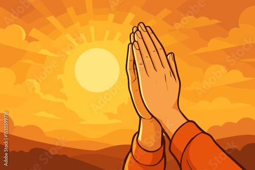 Praying hands at sunset or sunrise. Spiritual concept of religion, faith, and hope. Person showing gratitude and worship to god with a namaste gesture. Devotion and praise vector.