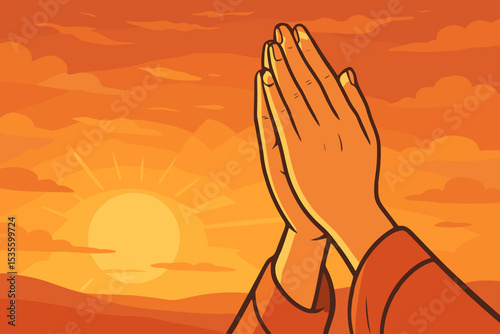 Praying hands against a sunset or sunrise sky. Vector illustration symbolizing faith, hope, spirituality, and gratitude. Concept for religion, worship, devotion, and meditation.