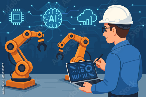 Smart factory automation with engineer programming industrial robotic arms. Industry 4.0 concept with AI, cloud computing, and IoT for modern manufacturing. Vector illustration.