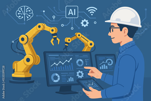 Engineer controlling industrial robotic arm in smart factory. Industry 4.0 concept, AI automation, IoT, digital manufacturing. Production management and technology innovation.