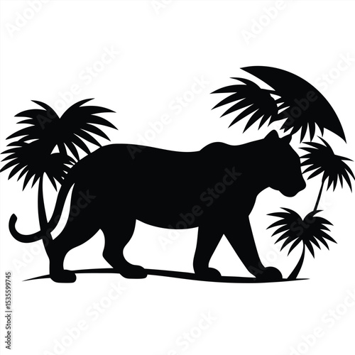 Silhouette of a black panther walking among palm trees in a tropical jungle setting