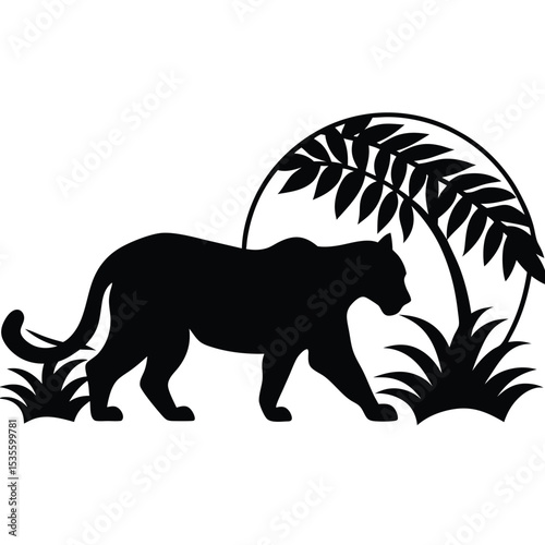 Silhouette of a black panther walking near a palm tree in a tropical jungle setting