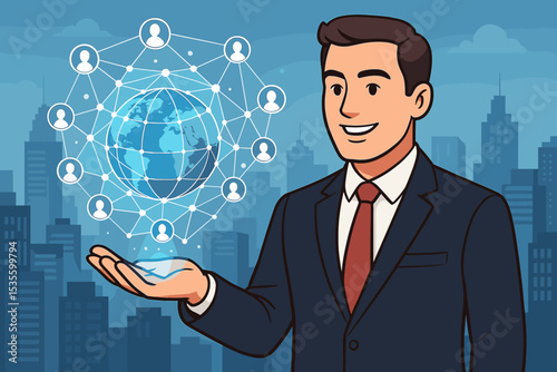 Businessman presenting global network vision with holographic Earth & user icons. Corporate technology, international communication strategy, future business connections concept in urban city setting.