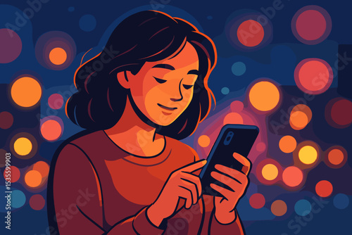Woman using smartphone at night. Concept of communication, social media, internet browsing. Girl with mobile phone, city lights bokeh background. Digital lifestyle vector illustration.