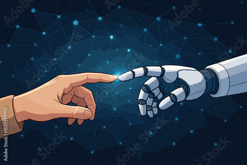 AI connection concept. Human hand touches a robot finger creating a spark. Artificial intelligence, future technology, and partnership between man and machine on a neural network.