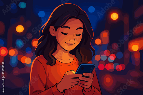 Woman browsing mobile phone at night, her face illuminated by the screen glow. Vector illustration of a girl using a smartphone in a city with bokeh lights. Social media concept.