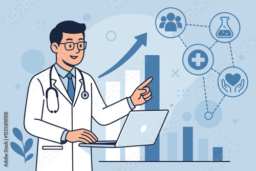 Doctor analyzing medical data. Healthcare technology concept with a growth chart. Digital medicine, e-health, patient record analysis. Research, science and innovation vector illustration.