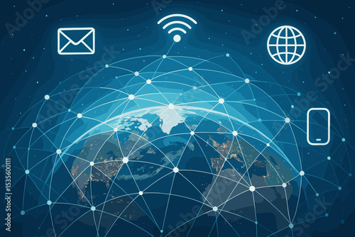 Global network communication concept. Planet Earth with digital data connection lines and technology icons. Internet, wifi, mobile, email. Worldwide telecommunication and globalization.