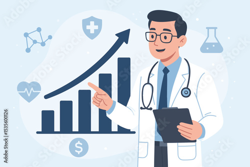 Healthcare industry growth concept. Doctor presenting financial data analysis on a rising bar chart. Medical business success, health insurance costs, and investment report vector.