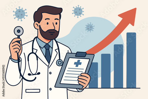Healthcare investment growth concept. Doctor with chart. Medical finance. Bar graph arrow up. Economic recovery after virus pandemic. Medical costs rising. Data analysis report.