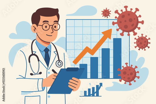 Doctor analyzing chart of rising virus cases. Healthcare professional monitoring pandemic data. Medical statistics, Covid-19 growth, public health, and investment concept.