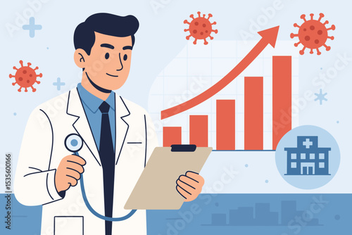Healthcare investment growth concept. Doctor analyzing financial chart of rising medical costs and hospital expenses during a virus pandemic. Health insurance data statistics.