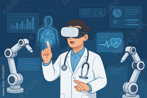 Doctor in virtual reality headset examines holographic medical data. Futuristic healthcare with AI, robotic surgery arms. Telemedicine, diagnosis and metaverse technology innovation.