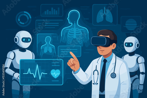 Doctor using VR headset with AI robots for medical diagnosis. Futuristic healthcare technology concept with holographic interface, human anatomy scan, and vital signs display.