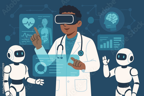 AI in medicine concept. Doctor in VR headset analyzes patient data on a holographic interface with robot assistants. Futuristic healthcare, telemedicine, and technology innovation.