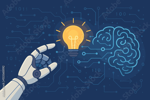 AI concept with robot hand, brain, light bulb idea. Artificial intelligence, machine learning, robotics innovation. Future technology, digital transformation, data, and cyborg synergy.