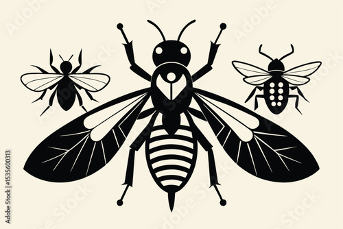Vector illustration of bees and insects in simple black and white design on a light background