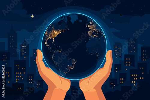 Hands holding the glowing Earth at night with a city skyline background. Concept for sustainability, global responsibility, climate change, environmental protection, and our future.