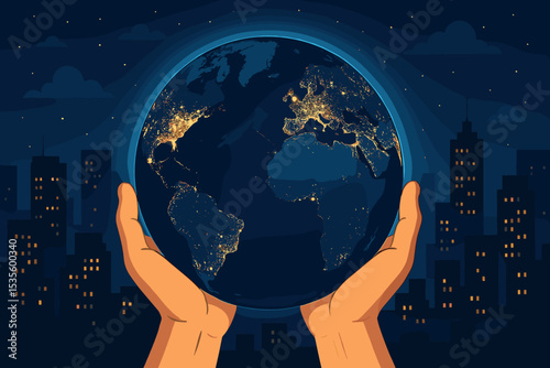 Hands holding planet Earth at night with glowing city lights over a cityscape. Concept of global responsibility, environmental care, sustainability, future of humanity, Earth Day.