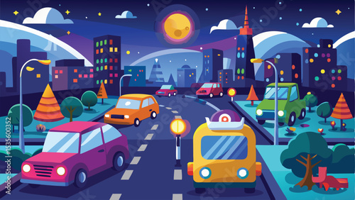 Stylized Cityscape at Night with Cartoon Cars, Buildings, and a Full Moon