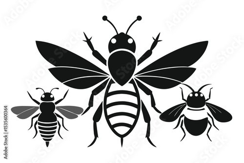 Vector illustration of bees depicting black and white silhouettes on a clean white background