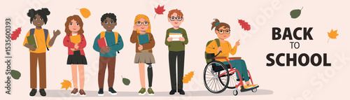 Back to school. Group of Happy diverse kids. Knowledge For All vector illustration