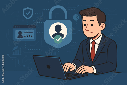 Businessman at laptop with cybersecurity icons. Digital data protection concept with padlock and shield. User authentication, privacy, and network security vector illustration.